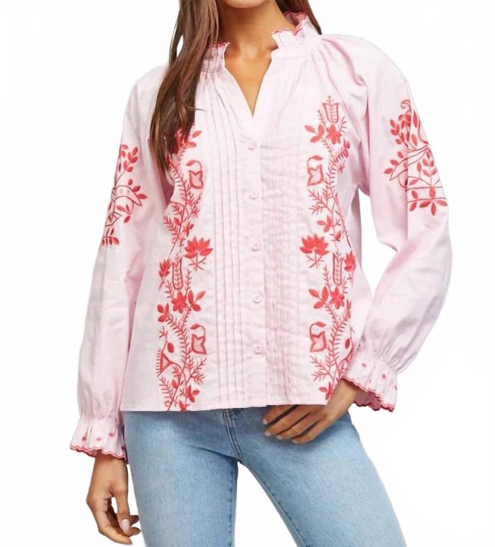 NEW MIOU MUSE take me there embroidered and pintuck detail top in pink